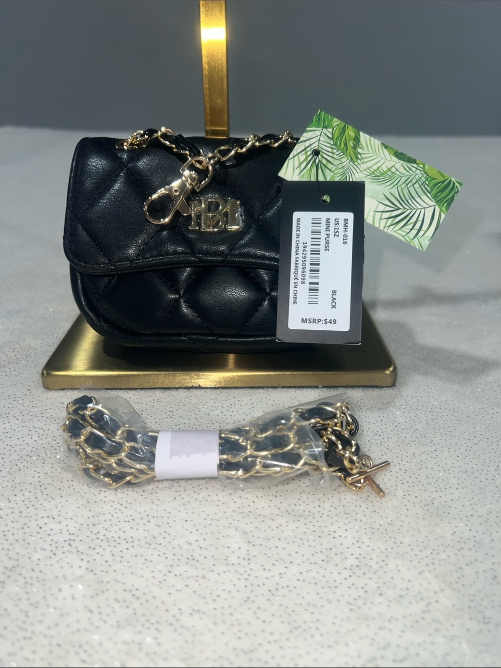 Badgley Mischka black mini quilted bag with gold chain